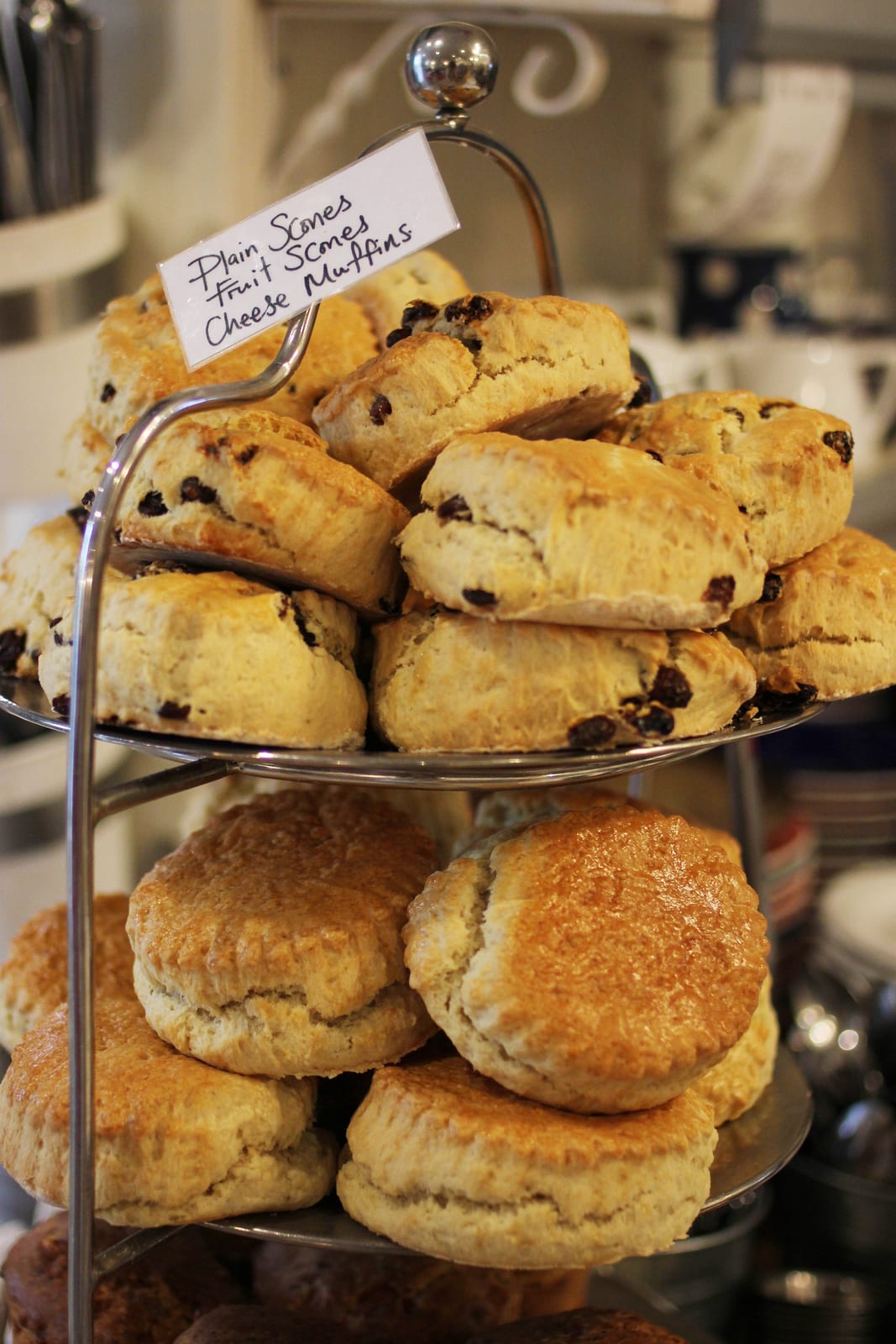 Freshly baked plain and fruit scones and cheese muffins
