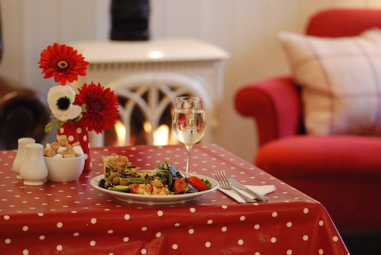 Lunch by the fire with a glass of wine