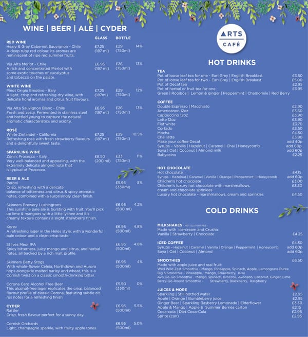 Arts Cafe drinks menu — wine, beer, ale, cyder, hot and cold drinks